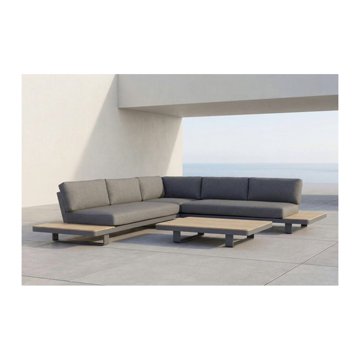 OUTFLEXX Las Vegas Ecklounge für 5 Personen aus Aluminium und Teak in Anthrazit und Grau mit Tisch (Breite: 130 cm, Tiefe: 95 cm) - Bild 1