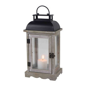 OUTFLEXX Laterne im Landhausstil aus Holz, Metall und Glas, Weiß/Schwarz, H: 32,5 cm, B: 16,5 cm, T: 12 cm