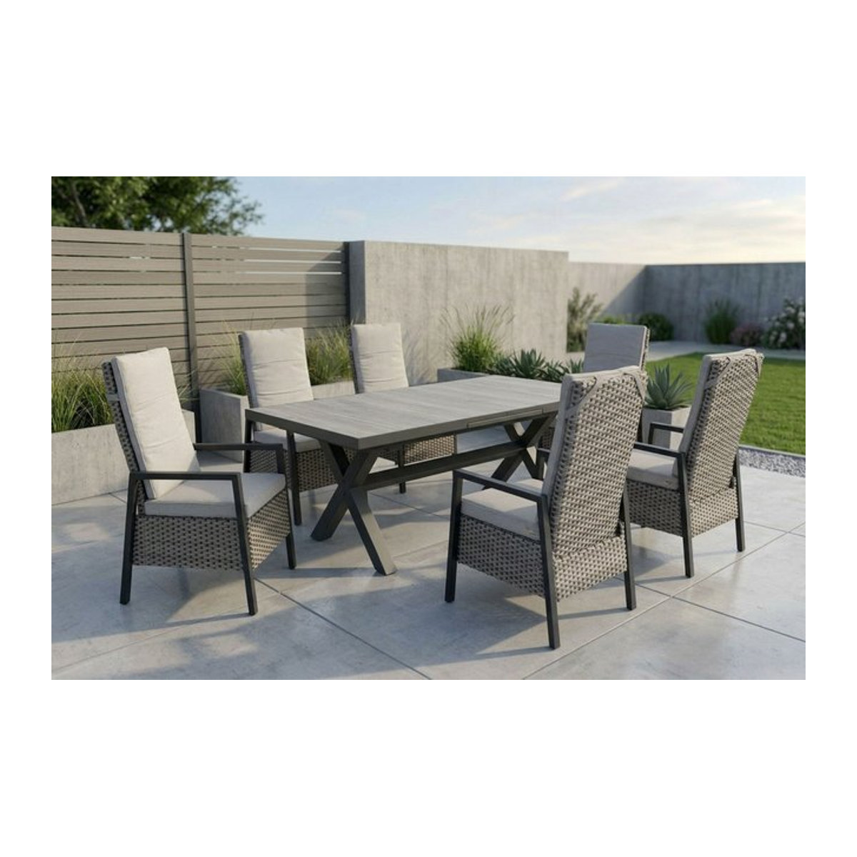 OUTFLEXX Louvra 2 Garten-Essgruppe aus Polyrattan und Aluminium in Natur/Anthrazit mit 6 Sesseln und Tisch B/T/H: 160 bis 210 x 100 cm - Bild 1