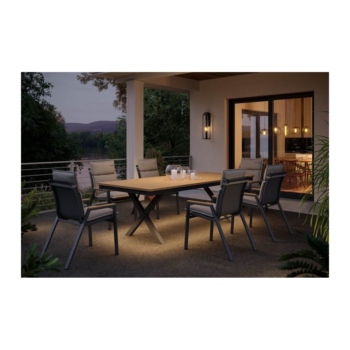OUTFLEXX Luminara Garten-Essgruppe mit LED-Beleuchtung, Tisch und 6 Stapelsesseln inkl. Auflagen, Anthrazit/Natur/Beige, B: 240 cm, T: 100 cm - Bild 1