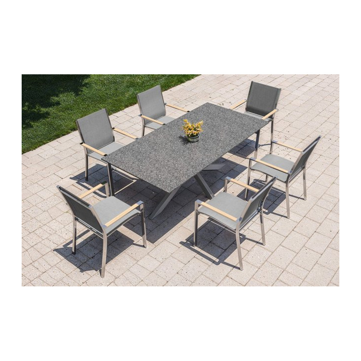 OUTFLEXX Montreal Garten-Essgruppe in Schwarz und Grau mit 6 Sesseln, Edelstahl, Textilene und Teak-Armlehnen, B: 200 cm - Bild 1