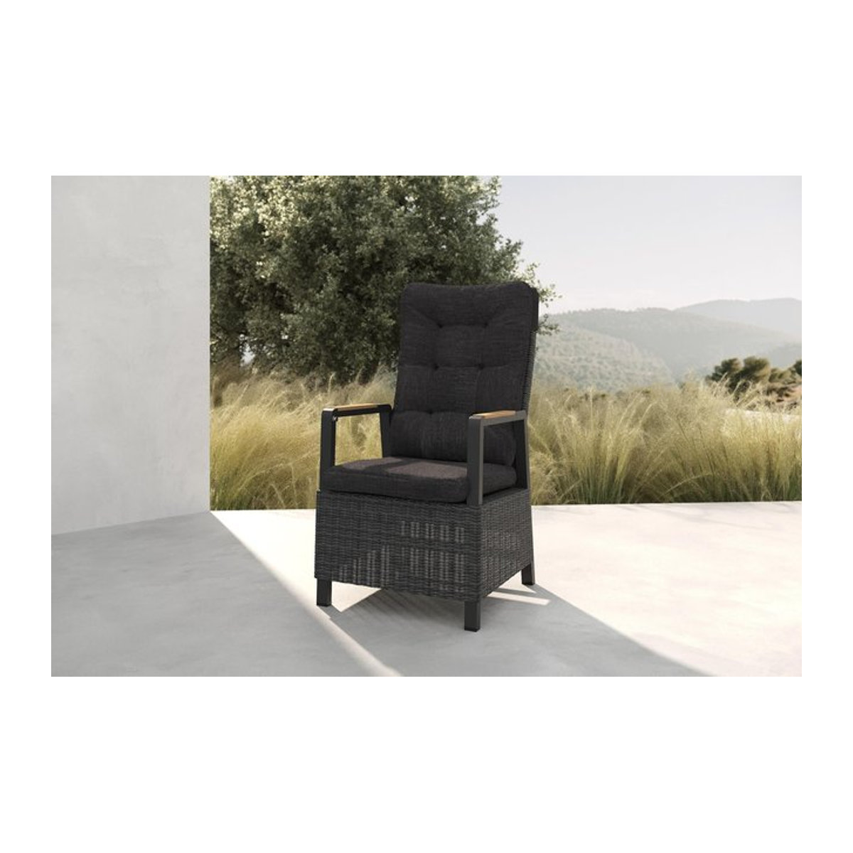 OUTFLEXX Nova Diningsessel aus Polyrattan und Alu mit Teakholz-Armlehnen, anthrazit/grau, B: 58 cm, T: 68 cm, H: 108 cm - Bild 1
