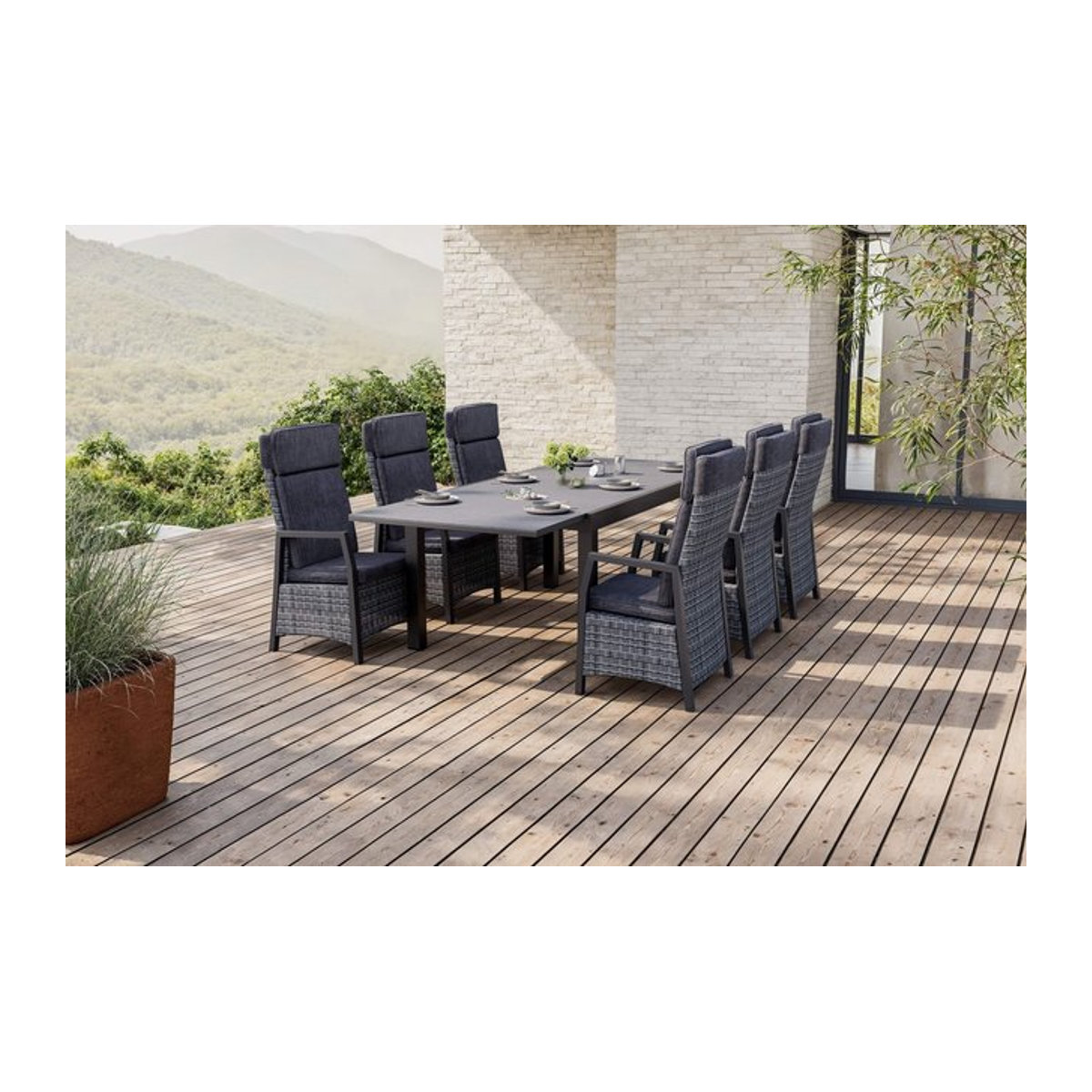 OUTFLEXX Nova Garten-Essgruppe aus Aluminium und Polyrattan in Anthrazit und Grau mit Tisch und 6 Dining-Sesseln - Bild 1