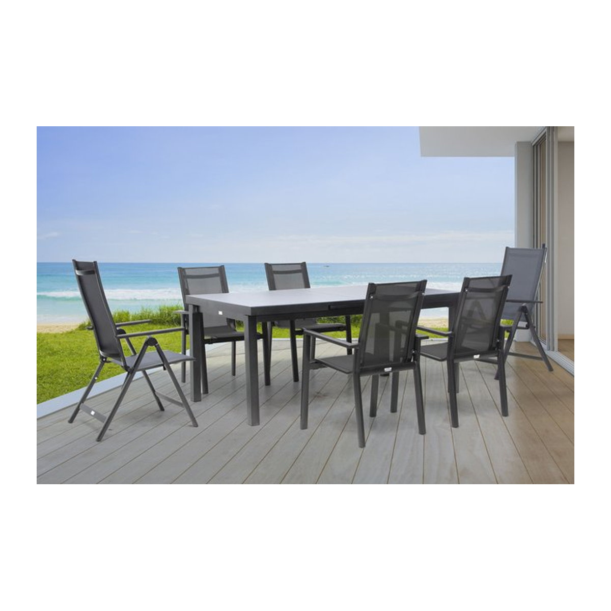 OUTFLEXX Premium Garten-Essgruppe aus Alu und Textilene in Anthrazit/Grau mit Ausziehtisch B: 180 bis 240 cm, T: 100 cm, inklusive 4 Stapelstühlen und 2 Klappstühlen - Bild 1