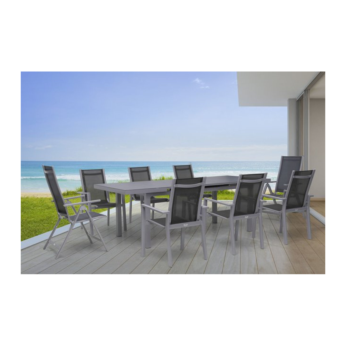 OUTFLEXX Premium Garten-Essgruppe aus Alu und Textilene in Silber/Grau mit Ausziehtisch und 8 Sitzplätzen (6 Stapelstühle, 2 Klappstühle) - Bild 1