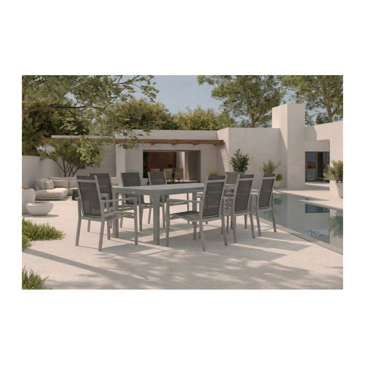 OUTFLEXX Premium Garten-Essgruppe aus Alu und Textilene in Silber/Grau mit Ausziehtisch und 8 Stapelsesseln, B/T/H: 180/240 x 100 cm - Bild 1