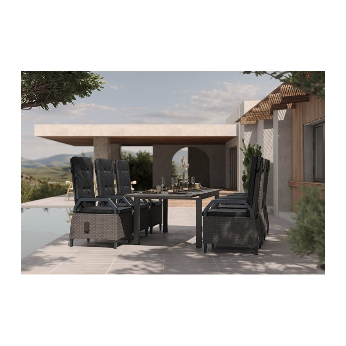 OUTFLEXX Premium Garten-Essgruppe aus Aluminium Polyrattan in Anthrazit Matt und Grau mit Tisch und 6 Dining-Sesseln - Bild 1