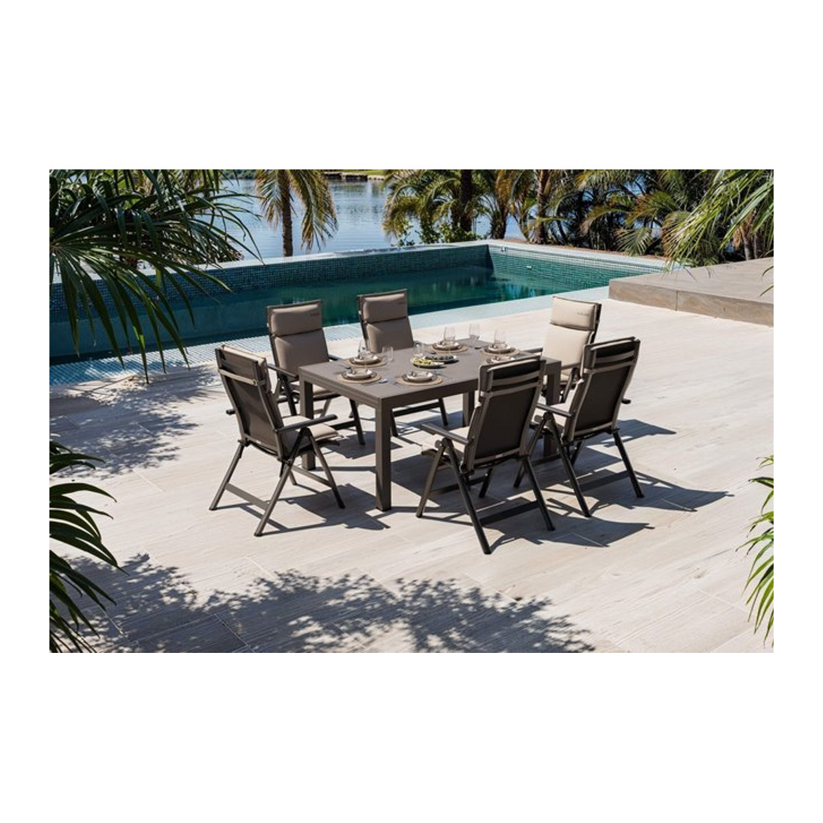 OUTFLEXX Premium Garten-Essgruppe aus Aluminium und Spraystone in Anthrazit, Schwarz und Natur mit 6 Klappstühlen und Auflagen, Tisch B: 160 cm bis 260 cm, B: 100 cm - Bild 1
