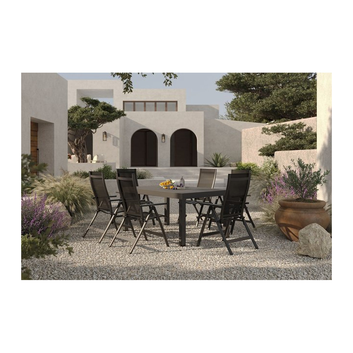 OUTFLEXX Premium Garten-Essgruppe aus Aluminium und Stein in Anthrazit und Schwarz mit ausziehbarem Tisch und 6 Klappstühlen - Bild 1