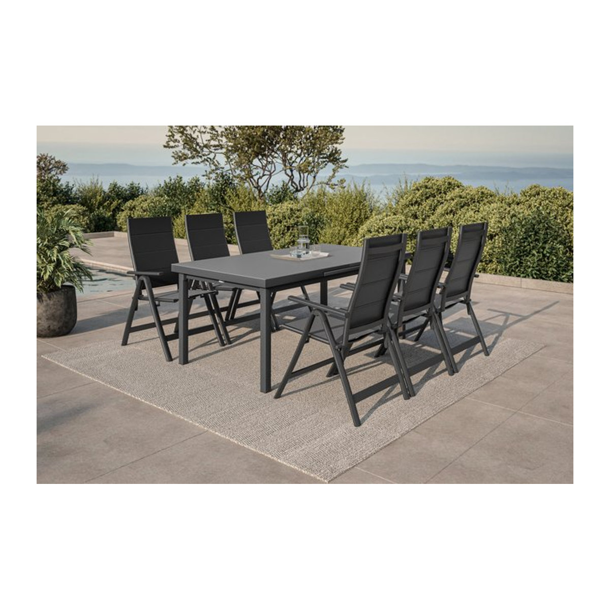 OUTFLEXX Premium Garten-Essgruppe für 6 Personen in Anthrazit und Grau aus Aluminium und Glas mit ausziehbarem Tisch und klappbaren Stühlen - Bild 1