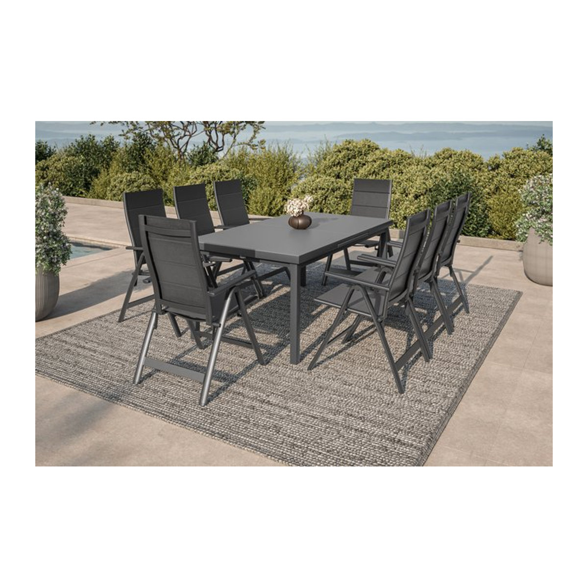 OUTFLEXX Premium Garten-Essgruppe für 8 Personen in Anthrazit und Grau aus Aluminium und Sicherheitsglas mit ausziehbarem Tisch und klappbaren Stühlen - Bild 1