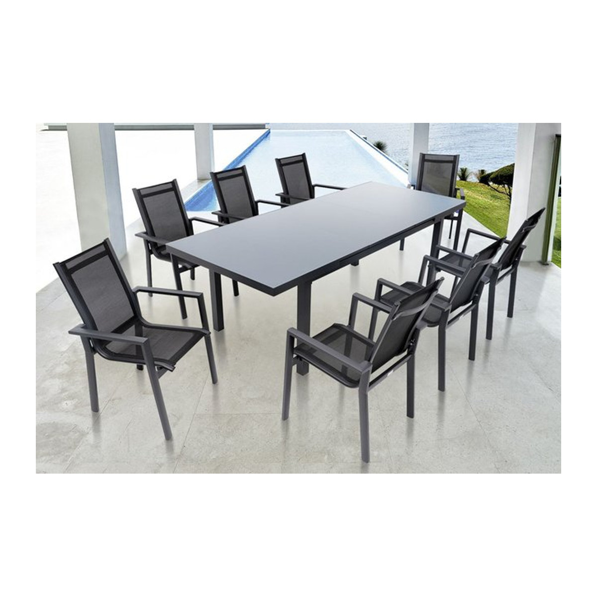 OUTFLEXX Premium Garten-Essgruppe in Anthrazit Matt mit Tisch und 8 Stapelsesseln aus Aluminium und Textilene - Bild 1