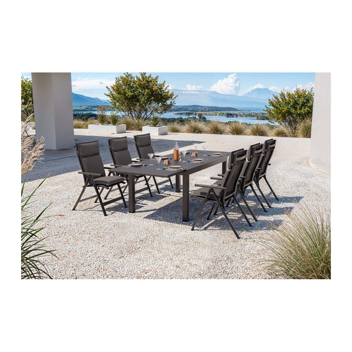 OUTFLEXX Premium Garten-Essgruppe in Anthrazit Matt und Schwarz aus Alu, Spraystone und Textilene mit 6 Klappstühlen und Auflagen, B/T: 160 x 100 cm oder 260 x 100 cm - Bild 1