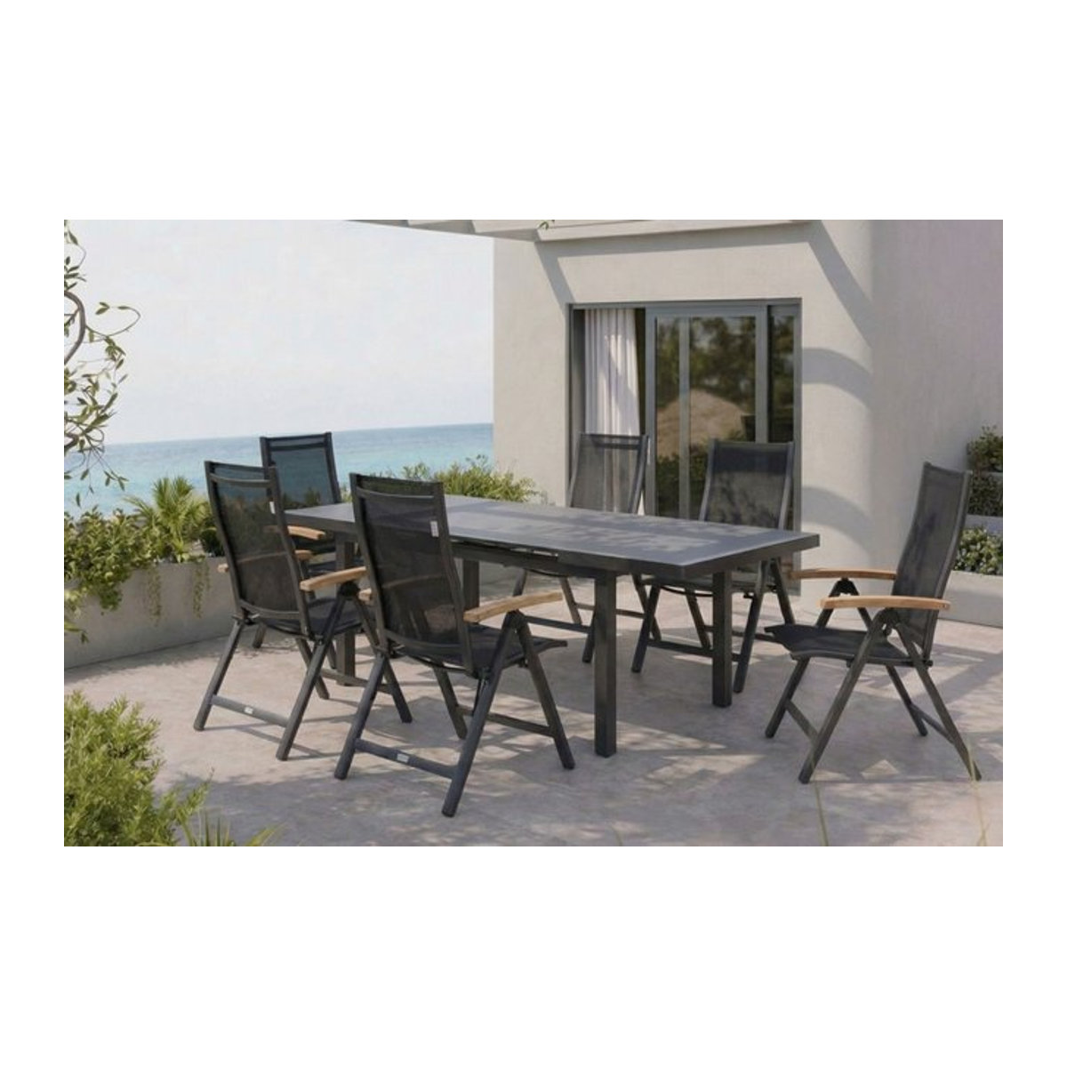 OUTFLEXX Premium Garten-Essgruppe in Anthrazit mit Tisch und 6 Klappstühlen aus Aluminium, Glas und Teak - Bild 1