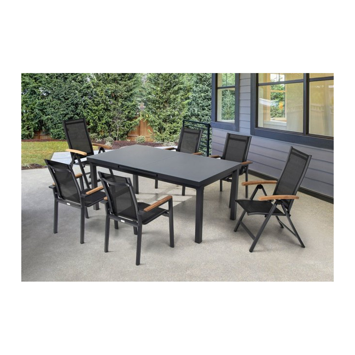 OUTFLEXX Premium Garten-Essgruppe in Anthrazit mit Tisch und 6 Sitzgelegenheiten aus Aluminium, Glas und Teak - Bild 1