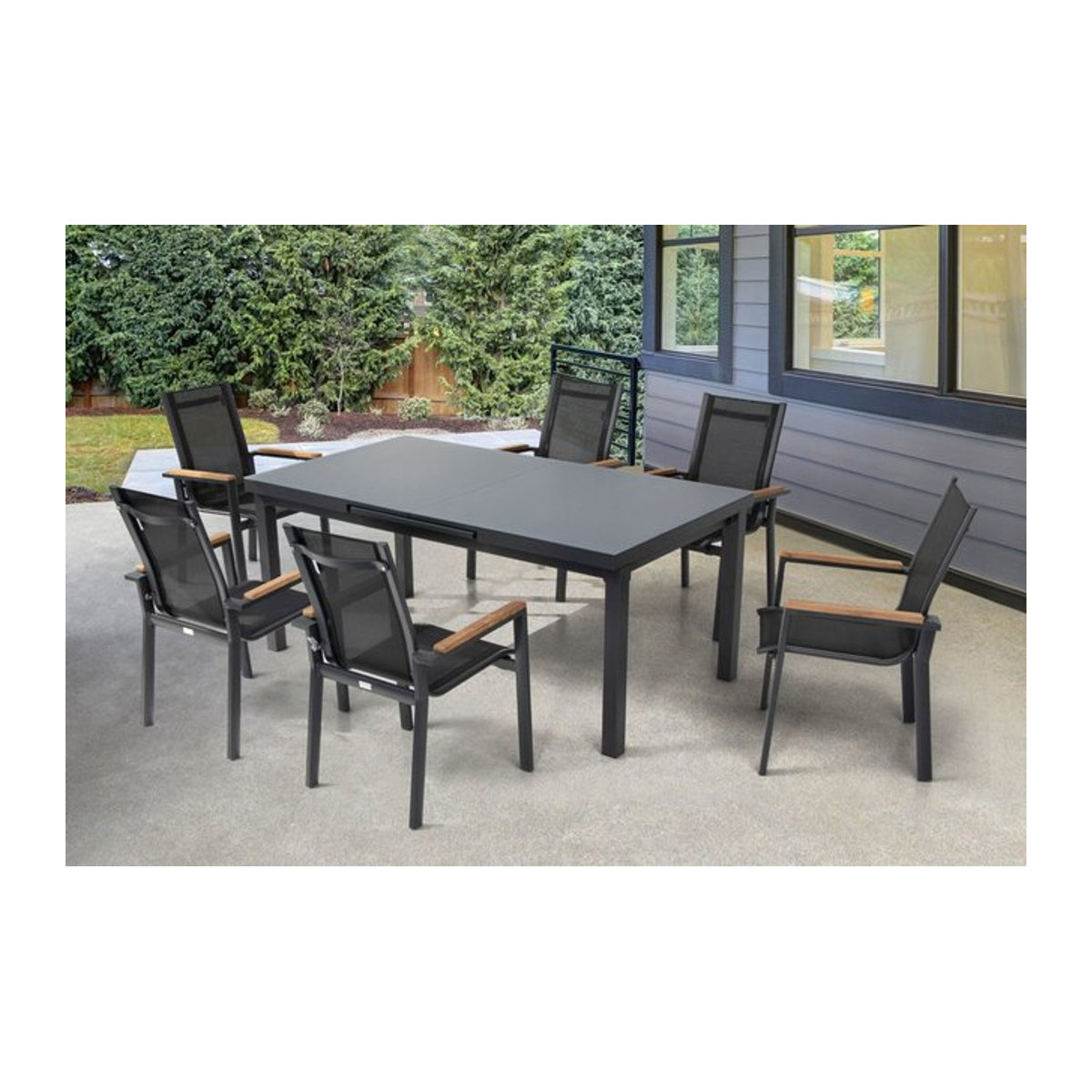 OUTFLEXX Premium Garten-Essgruppe in Anthrazit mit Tisch und 6 Stapelsesseln aus Aluminium, Glas und Holz - Bild 1