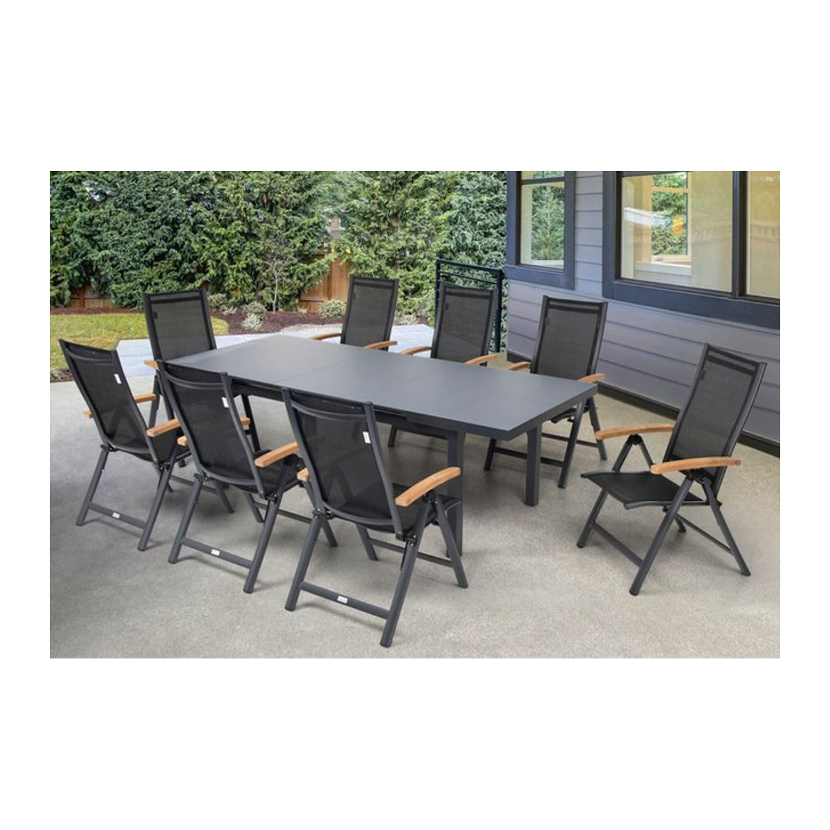 OUTFLEXX Premium Garten-Essgruppe in Anthrazit mit Tisch und 8 Klappstühlen aus Aluminium, Glas und Teak - Bild 1