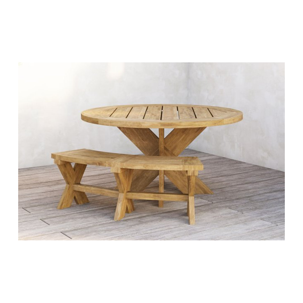 OUTFLEXX Quantum Garten-Essgruppe aus recyceltem Teakholz in Braun, bestehend aus einem Tisch mit Durchmesser: 150 cm und einer Bank mit Maßen: 175 x 30 cm - Bild 1
