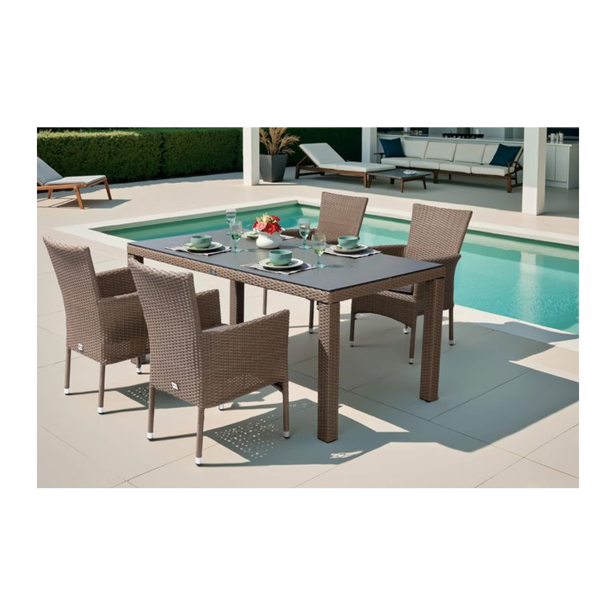 OUTFLEXX Rabida Garten-Essgruppe aus Polyrattan in Beige und Braun mit Tisch und 4 Stapelsesseln, Tisch B: 170 cm, Glasplatte in Steinoptik - Bild 1
