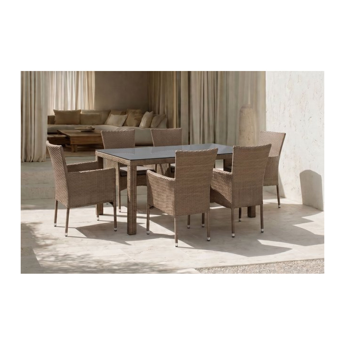 OUTFLEXX Rabida Garten-Essgruppe aus Polyrattan in Champagner-meliert mit Tisch und 6 Stapelsesseln, Tisch B: 170 cm, T: 90 cm, Glasplatte in Steinoptik - Bild 1