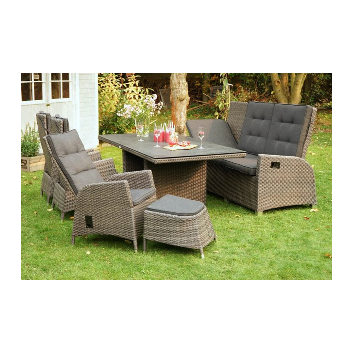 OUTFLEXX Rocking Comfort Garten-Essgruppe aus Polyrattan in Grau und Braun-meliert mit Tisch für 6-7 Personen - Bild 1