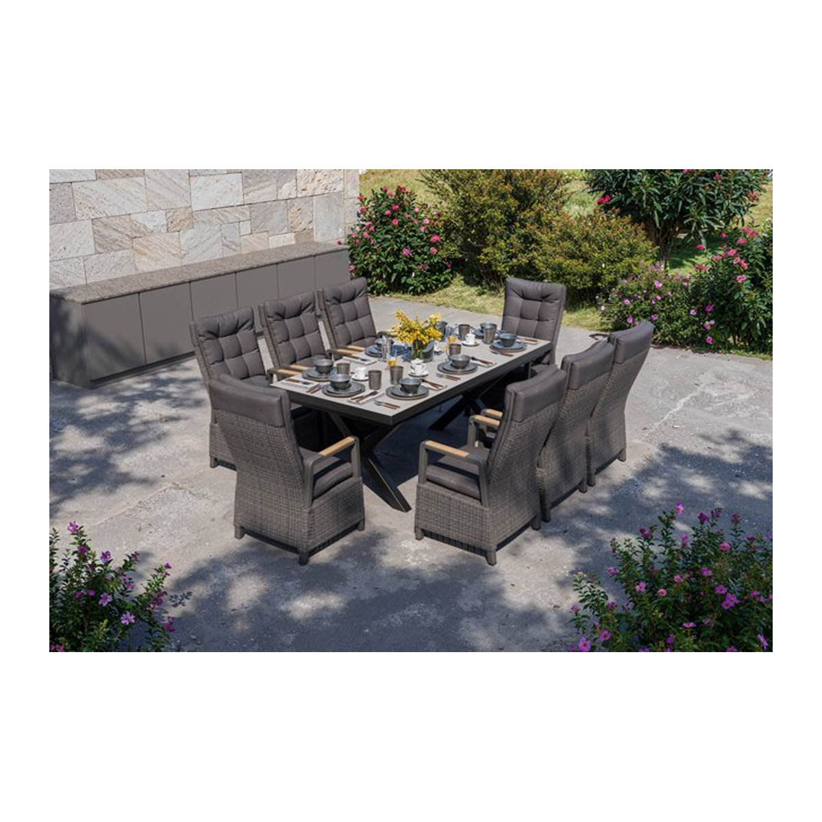 OUTFLEXX Serro Garten-Essgruppe aus Alu, Polyrattan und Steinimitat in Schwarz, Anthrazit und Grau, ausziehbar mit 8 Diningsesseln, B/T: 200 bis 260 x 100 cm - Bild 1