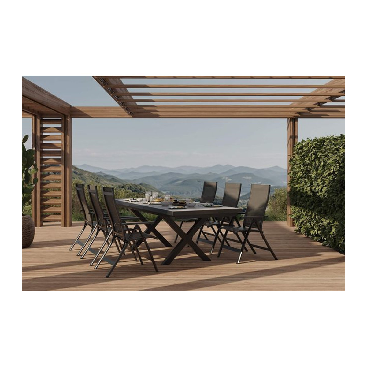OUTFLEXX Serro Garten-Essgruppe aus Aluminium und Steinimitat mit 6 Klappstühlen, ausziehbar, anthrazit matt/schwarz/grau, B/T: 200/260 x 100 cm - Bild 1