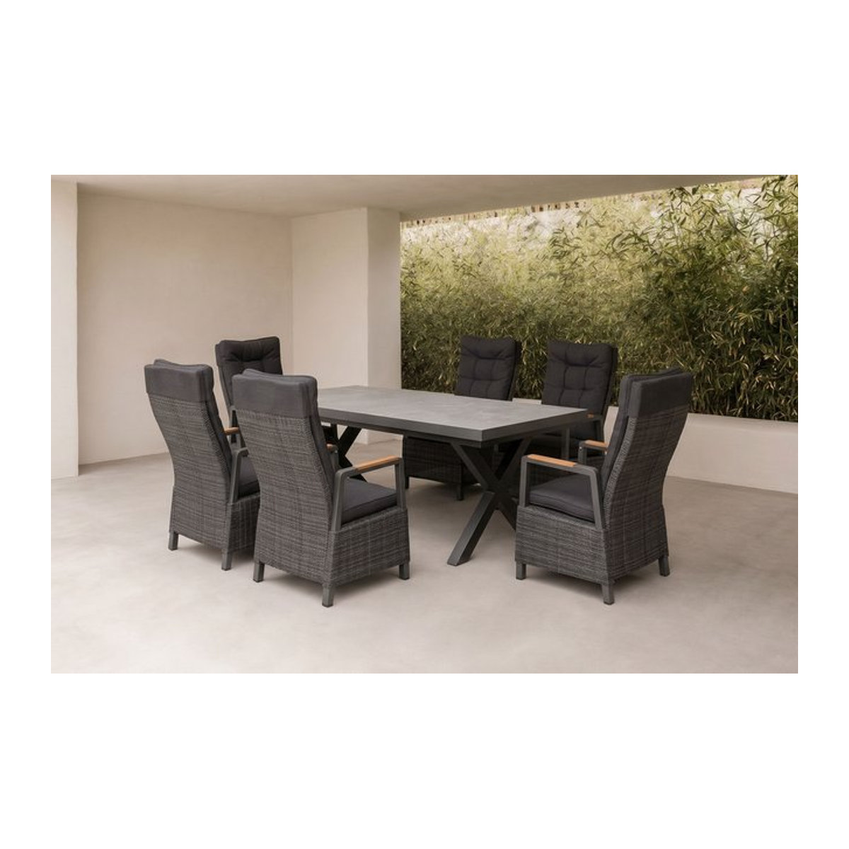 OUTFLEXX Serro Garten-Essgruppe aus Polyrattan und Steinimitat in Schwarz, Anthrazit und Grau mit 6 Diningsesseln und ausziehbarer Tischplatte, B/T/H: 200 x 100 cm bis 260 x 100 cm - Bild 1
