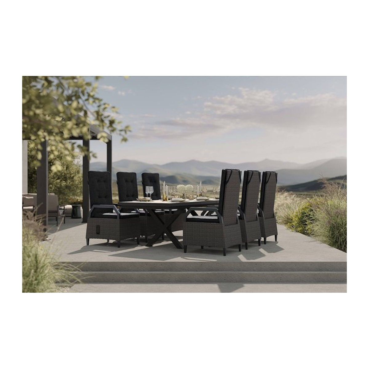 OUTFLEXX Serro Garten-Essgruppe ausziehbar in Schwarz/Grau mit 6 Diningsesseln aus Aluminium, Polyrattan und Keramik - Bild 1