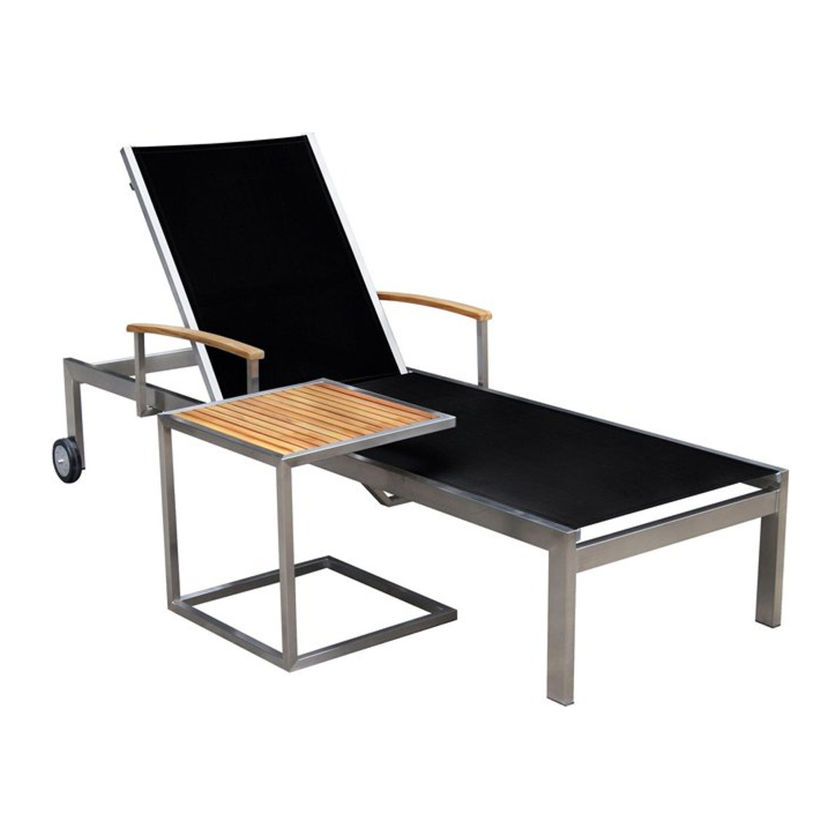 OUTFLEXX Sonnenliegen-Set aus Edelstahl und Teak in Schwarz mit Armlehnen und Beistelltisch - Bild 1