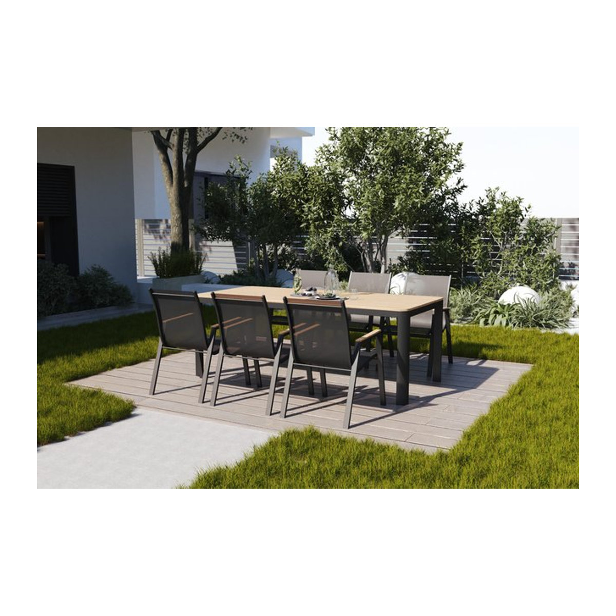 OUTFLEXX Tallinn Garten-Essgruppe mit 6 Stapelsesseln in Anthrazit und Natur, modernes Gartenmöbel-Set aus Aluminium und Kunststoff, Esstisch B: 150 cm, T: 91 cm - Bild 1