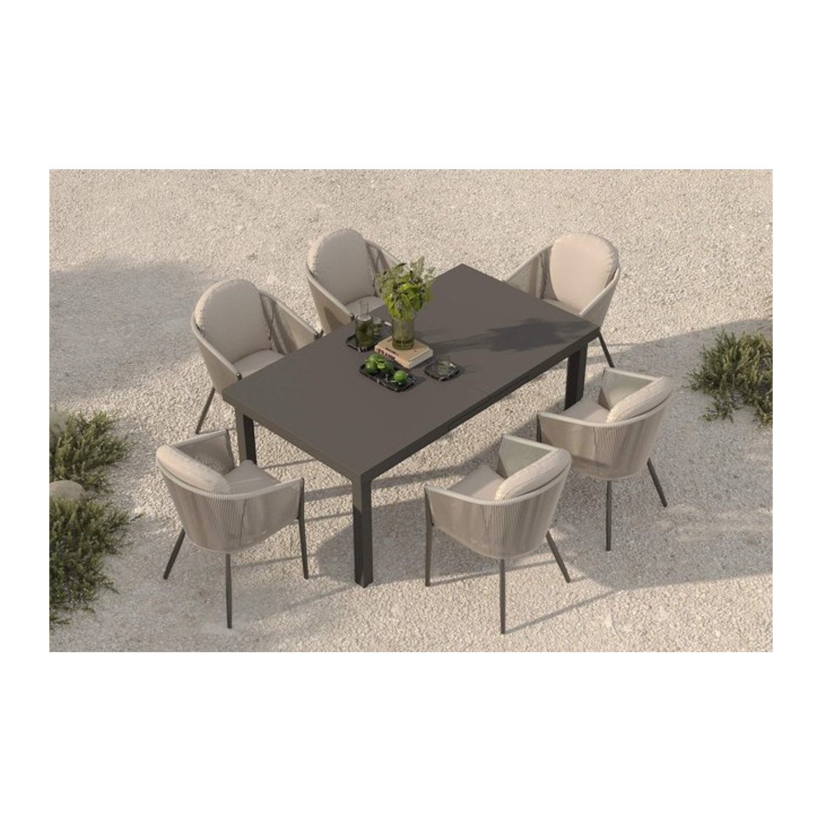 OUTFLEXX Tavio Garten-Essgruppe aus Alu und Rope-Geflecht in Anthrazit Matt und Beige mit Tisch und 6 Diningsesseln - Bild 1