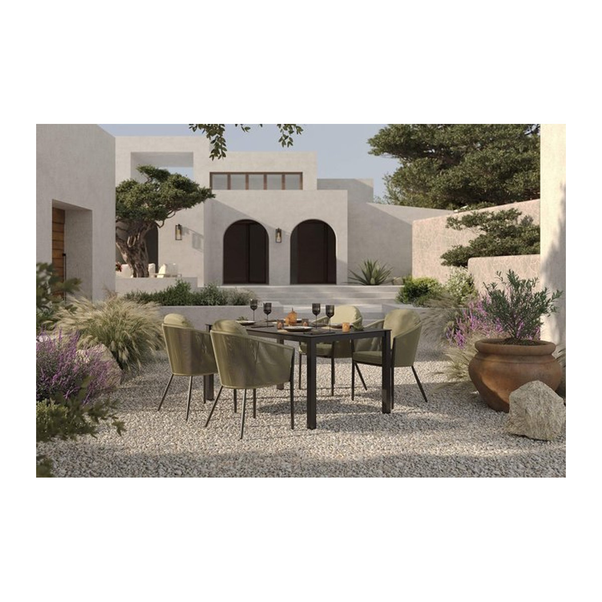 OUTFLEXX Tavio Garten-Essgruppe aus Aluminium, Rope-Geflecht und Spraystone in Anthrazit Matt und Grün mit 4 Diningsesseln - Bild 1