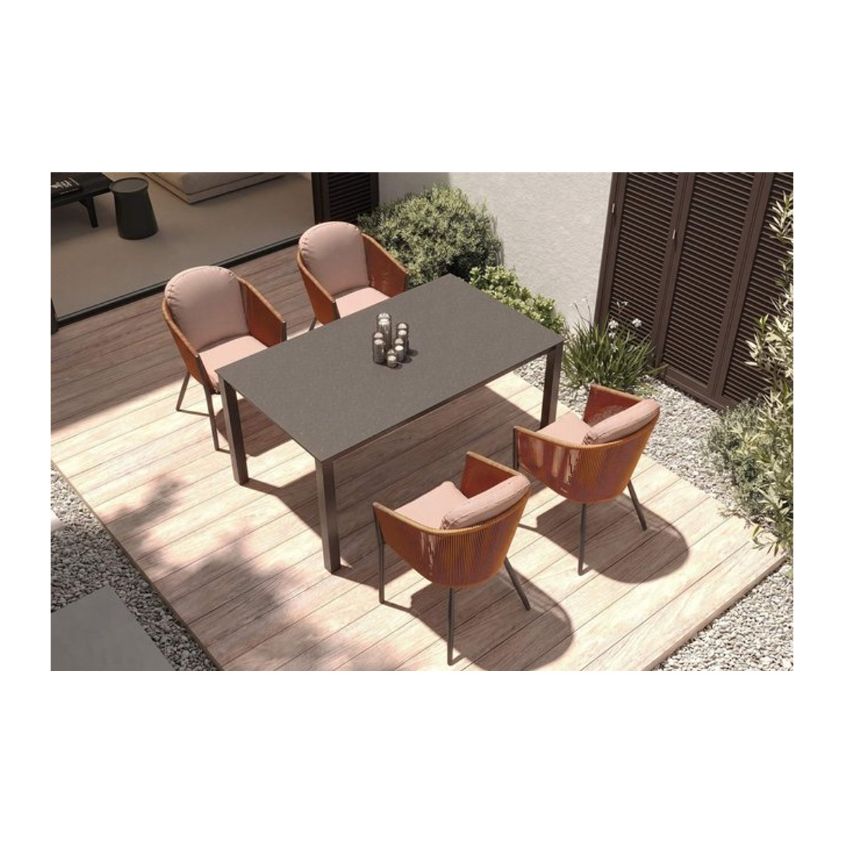 OUTFLEXX Tavio Garten-Essgruppe mit 4 Diningsesseln, anthrazit matt und orange, Aluminium mit Rope-Geflecht und Spraystone-Tischplatte, Tisch B: 160 cm, T: 95 cm - Bild 1