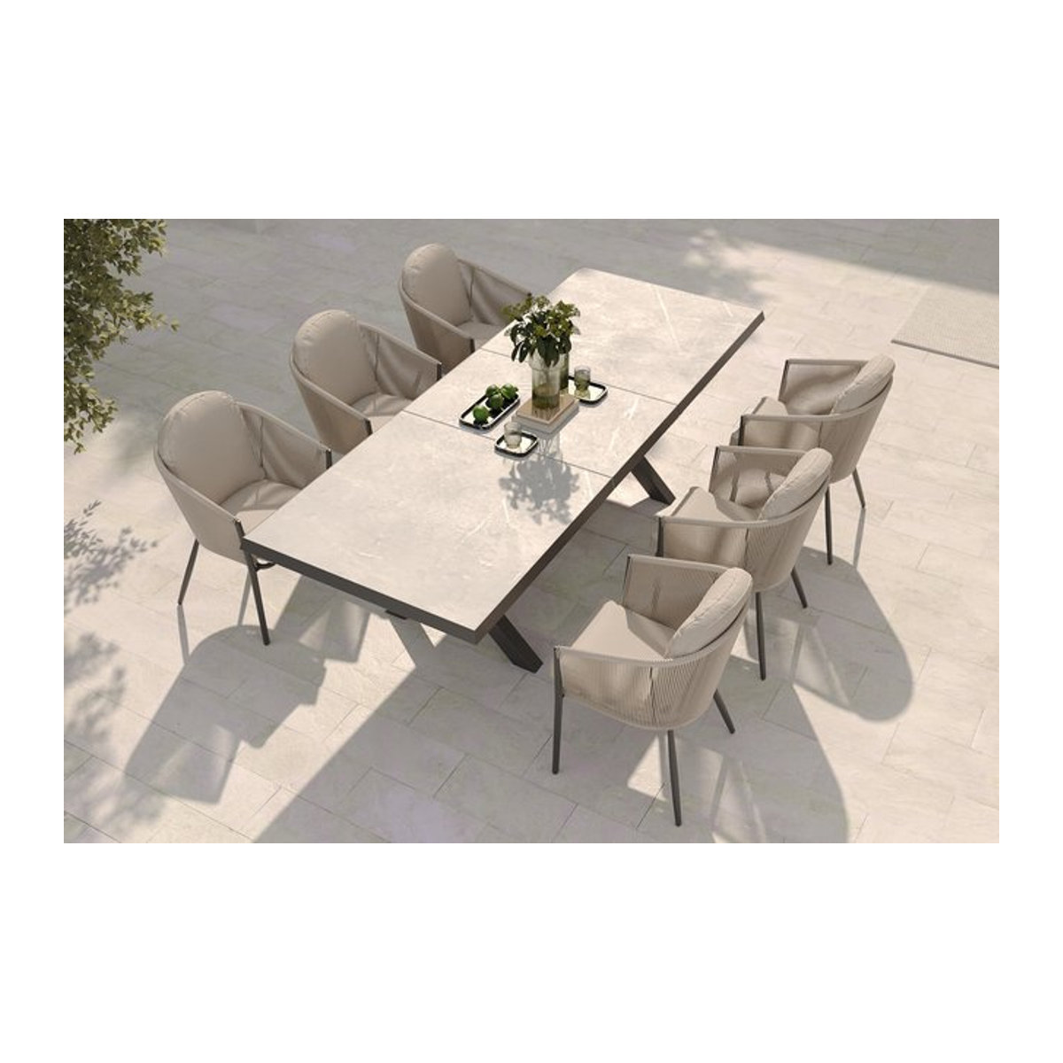 OUTFLEXX Tavio Garten-Essgruppe modern in Schwarz, Beige und Grau aus Aluminium, Keramik und Rope-Geflecht mit ausziehbarem Tisch und 6 Diningsesseln - Bild 1