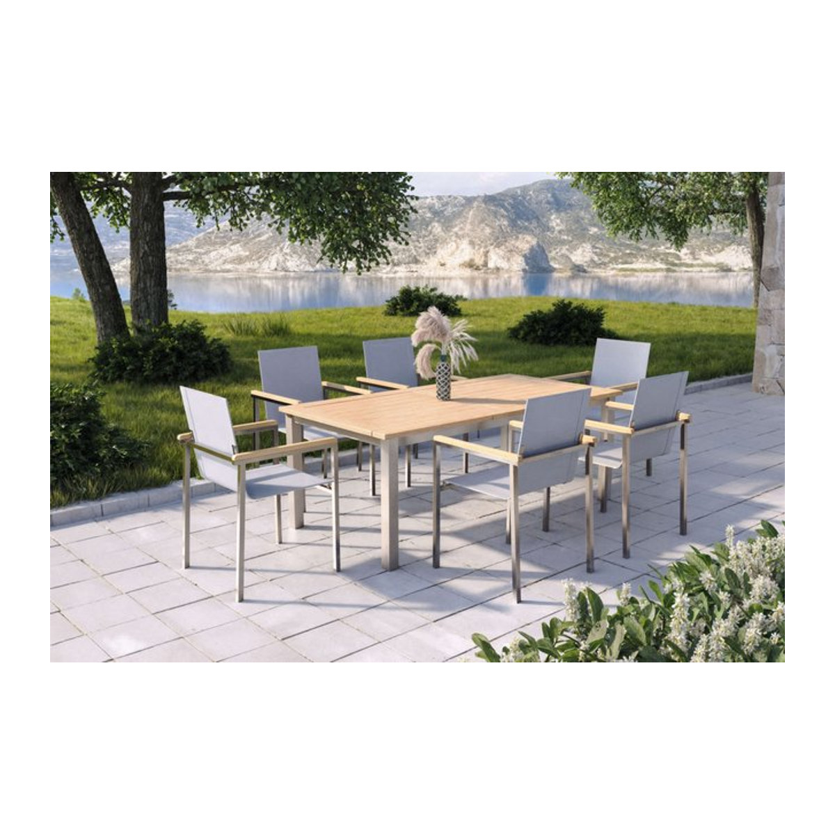 OUTFLEXX Trondheim Garten-Essgruppe mit 6 Sesseln, ausziehbar, natur/braun, Edelstahl, Teak und Textilene, B/T: 200/260 x 100 cm - Bild 1