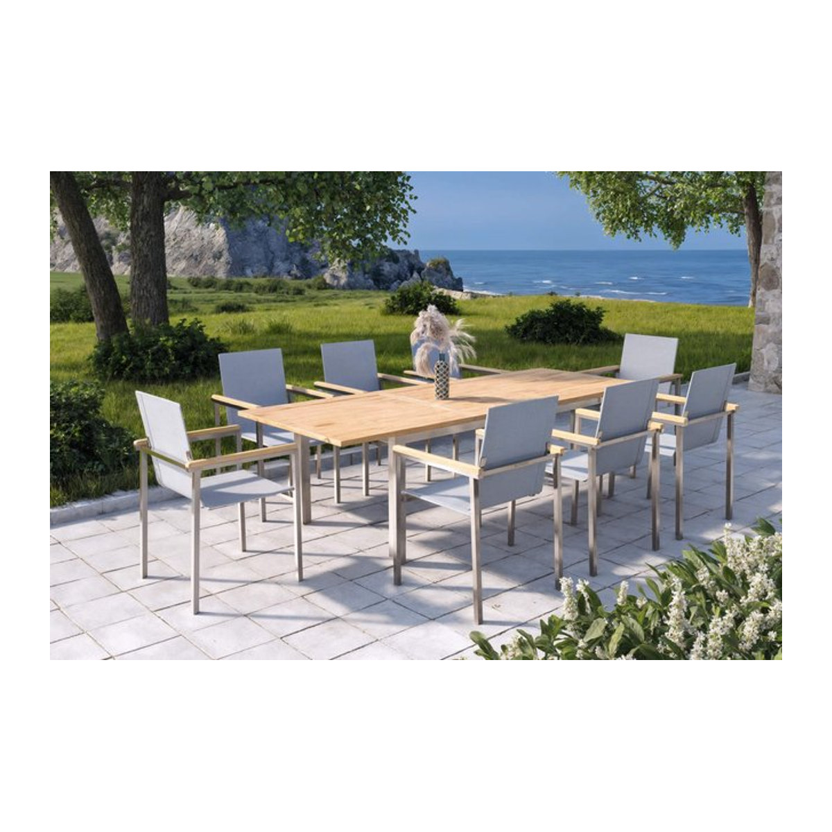 OUTFLEXX Trondheim Garten-Essgruppe mit 8 Sesseln aus Teak, Edelstahl und Textilene in Braun/Taupe meliert, ausziehbar, B/T/H: 200 x 100 cm bis 260 x 100 cm - Bild 1