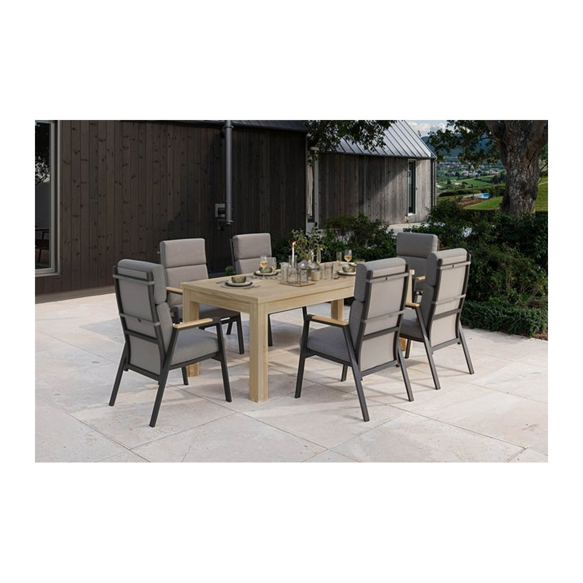 OUTFLEXX Zadar Garten-Essgruppe aus Teak, Aluminium und Polyester in Anthrazit und Natur mit Tisch (Breite: 200 cm, Tiefe: 100 cm) und 6 Sesseln - Bild 1