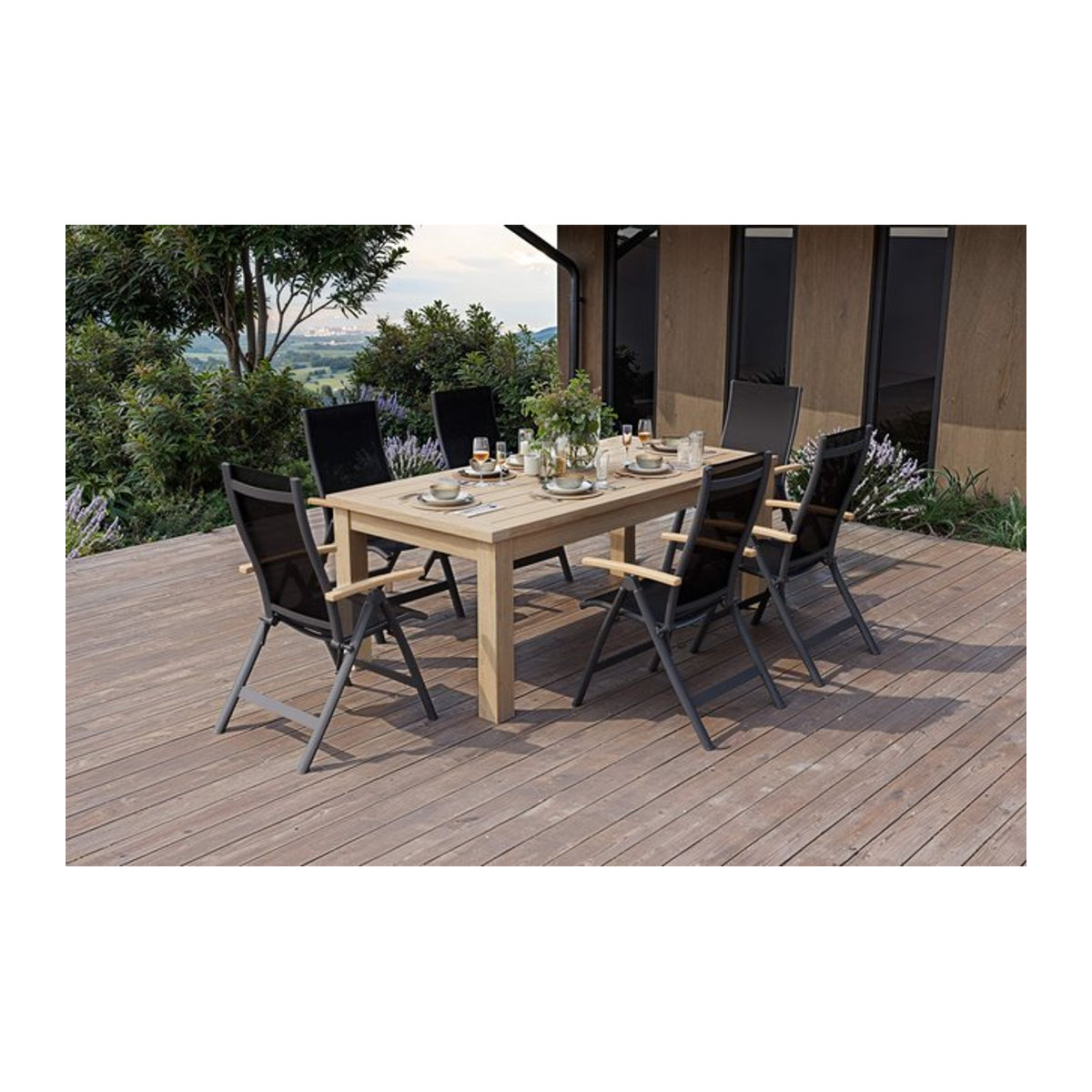 OUTFLEXX Zadar Garten-Essgruppe in Natur und Anthrazit mit 6 Sesseln, modernes Gartenmöbel-Set aus Teak, Aluminium und Textilene, Tisch Breite: 200 cm, Tiefe: 100 cm, klappbar - Bild 1