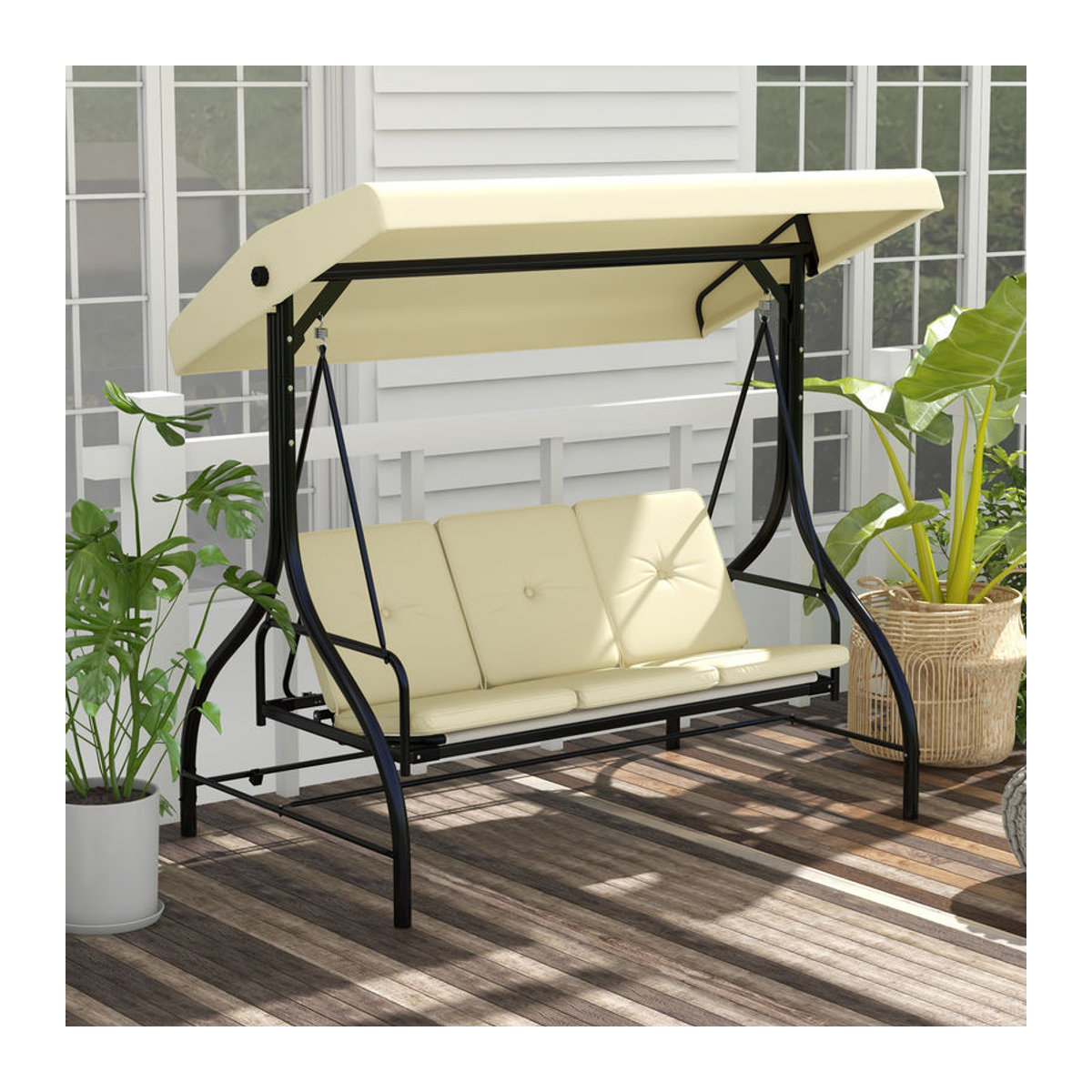 Outsunny 2 in 1 Hollywoodschaukel mit Liegefunktion und Sonnendach, 3-Sitzer Gartenschaukel in Beige, B/T/H: 195 x 117 x 175 cm - Bild 2
