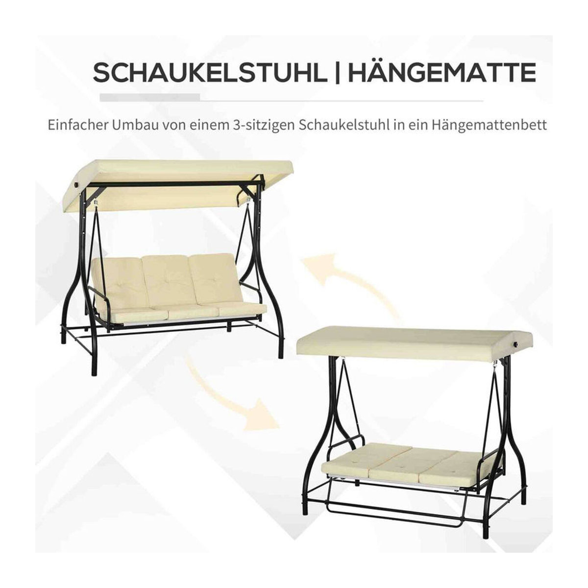 Outsunny 2 in 1 Hollywoodschaukel mit Liegefunktion und Sonnendach, 3-Sitzer Gartenschaukel in Beige, B/T/H: 195 x 117 x 175 cm - Bild 3