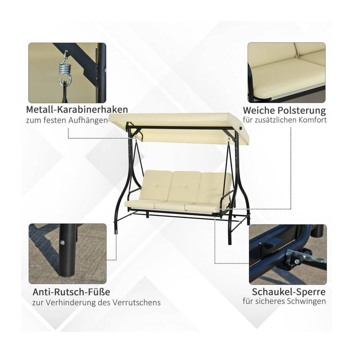 Outsunny 2 in 1 Hollywoodschaukel mit Liegefunktion und Sonnendach, 3-Sitzer Gartenschaukel in Beige, B/T/H: 195 x 117 x 175 cm - Bild 5