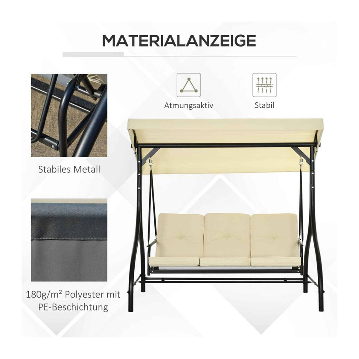 Outsunny 2 in 1 Hollywoodschaukel mit Liegefunktion und Sonnendach, 3-Sitzer Gartenschaukel in Beige, B/T/H: 195 x 117 x 175 cm - Bild 6