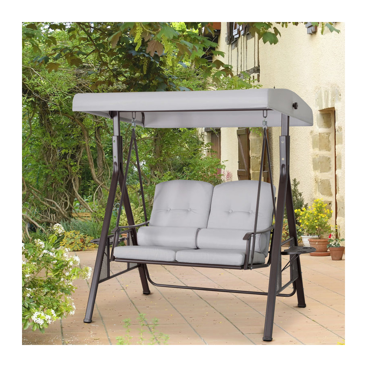 Outsunny 2-Sitzer Hollywoodschaukel mit Sonnendach, Kissen und Tablett, moderne Gartenschaukel aus Metall und Polyester, Grau, B/T/H: 162 x 118 x 173 cm - Bild 2