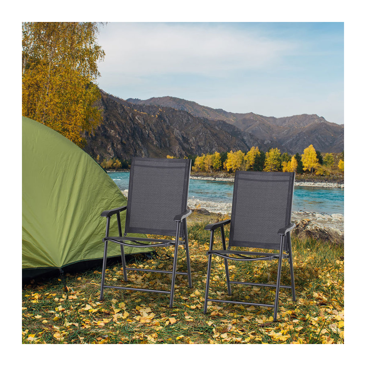 Outsunny 2er Set Campingstühle mit Armlehnen in Schwarz aus Metall und Mesh, B/T/H: 58 x 64 x 94 cm - Bild 2