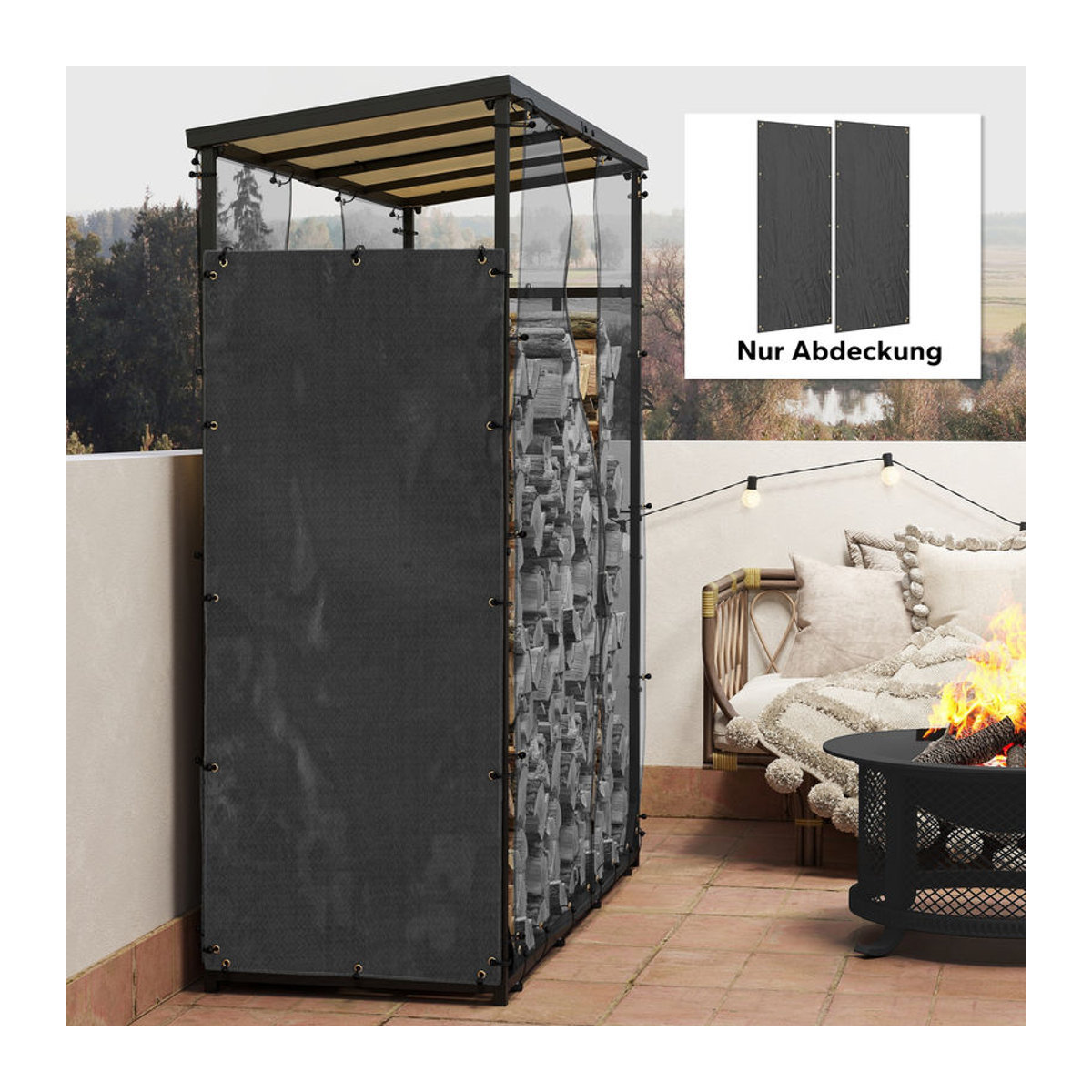 Outsunny 2er-Set Kaminholzregal Abdeckung aus wasserdichtem 600D Oxford mit UV-Schutz, Schwarz, B/T/H: 148 x 62 x 66 cm - Bild 2