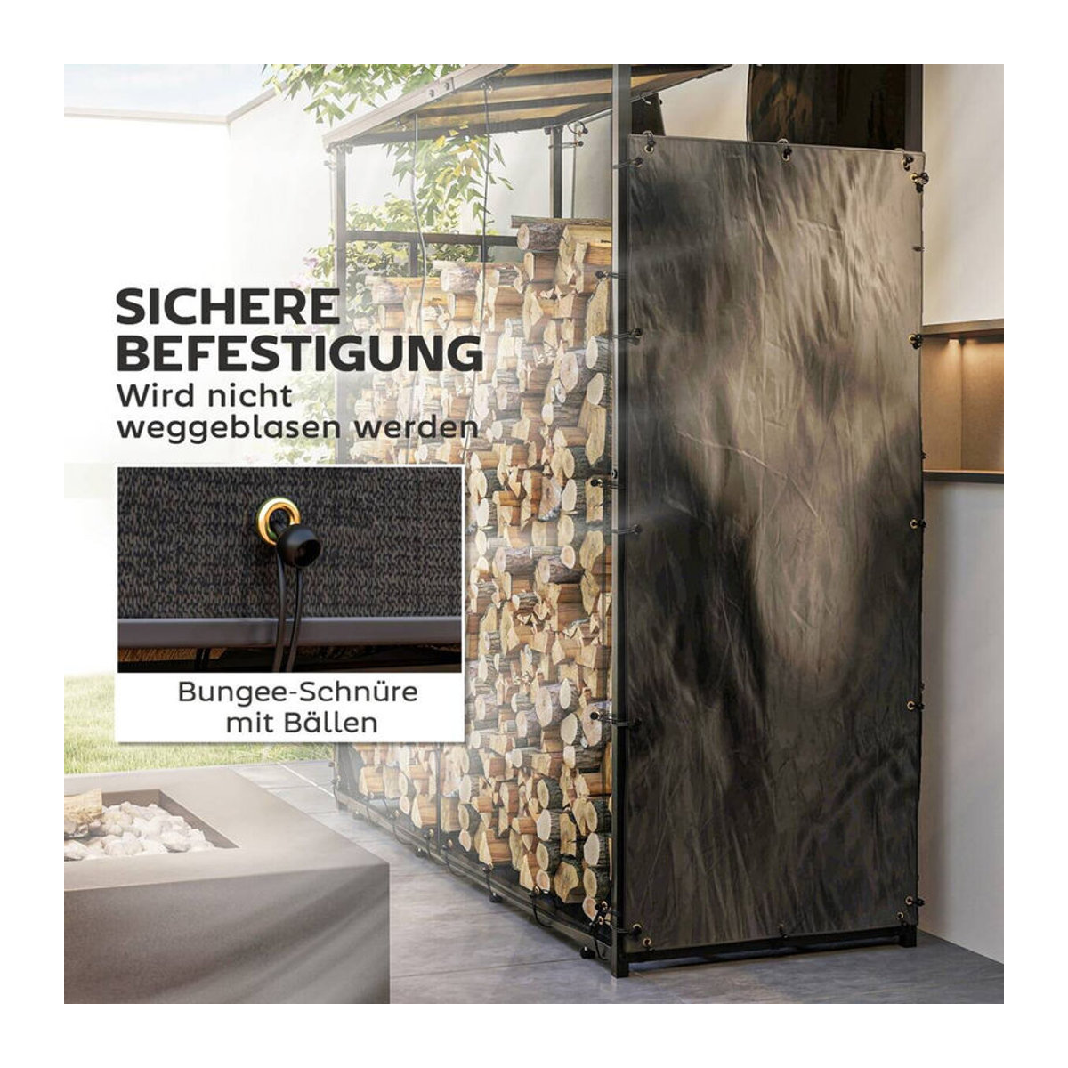 Outsunny 2er-Set Kaminholzregal Abdeckung aus wasserdichtem 600D Oxford mit UV-Schutz, Schwarz, B/T/H: 148 x 62 x 66 cm - Bild 4