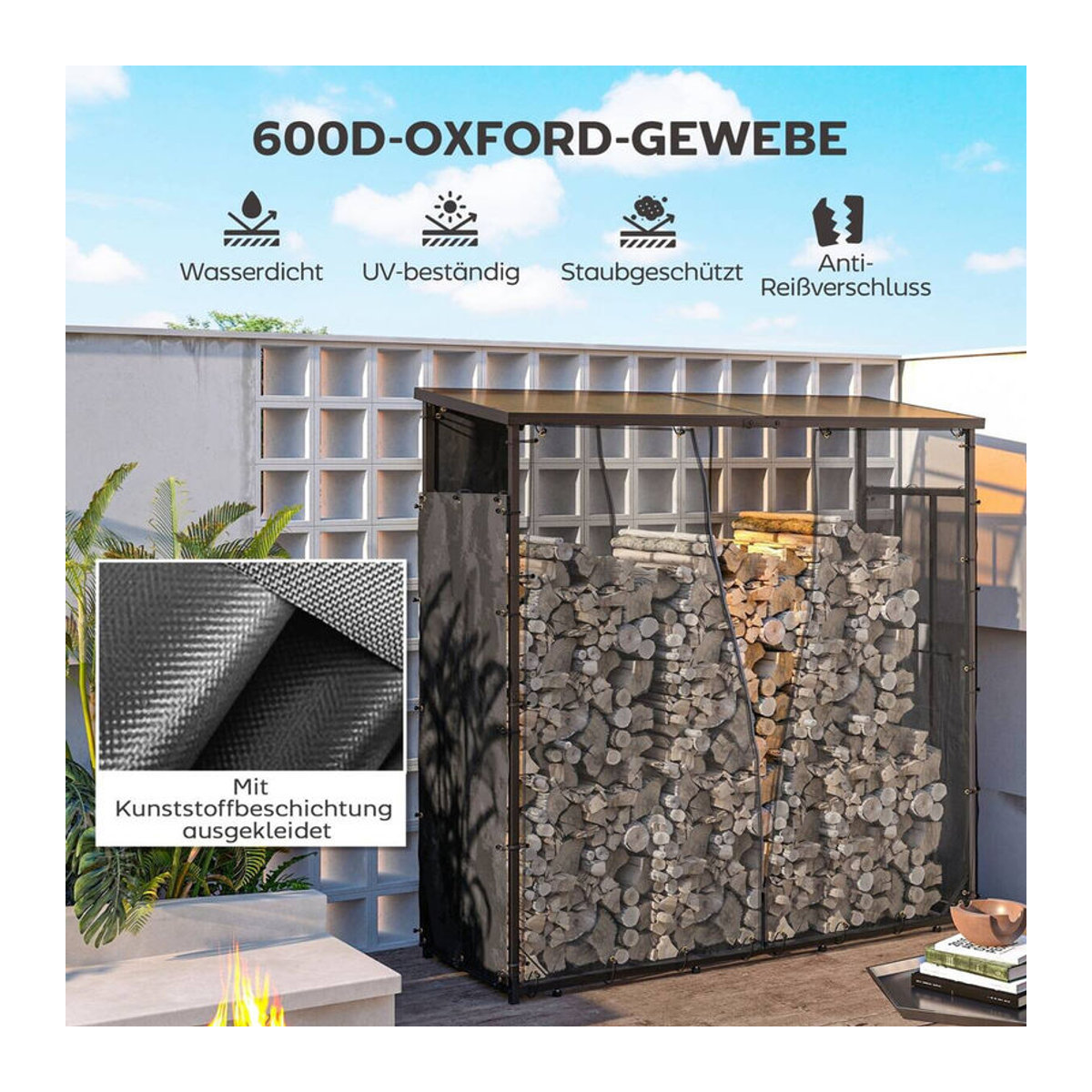 Outsunny 2er-Set Kaminholzregal Abdeckung aus wasserdichtem 600D Oxford mit UV-Schutz, Schwarz, B/T/H: 148 x 62 x 66 cm - Bild 6