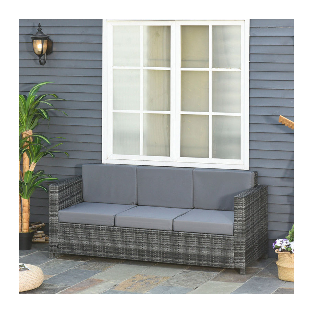 Outsunny 3-Sitzer Garten Loungesofa aus Polyrattan mit Kissen, Grau, B/T/H: 185 x 70 x 80 cm - Bild 2