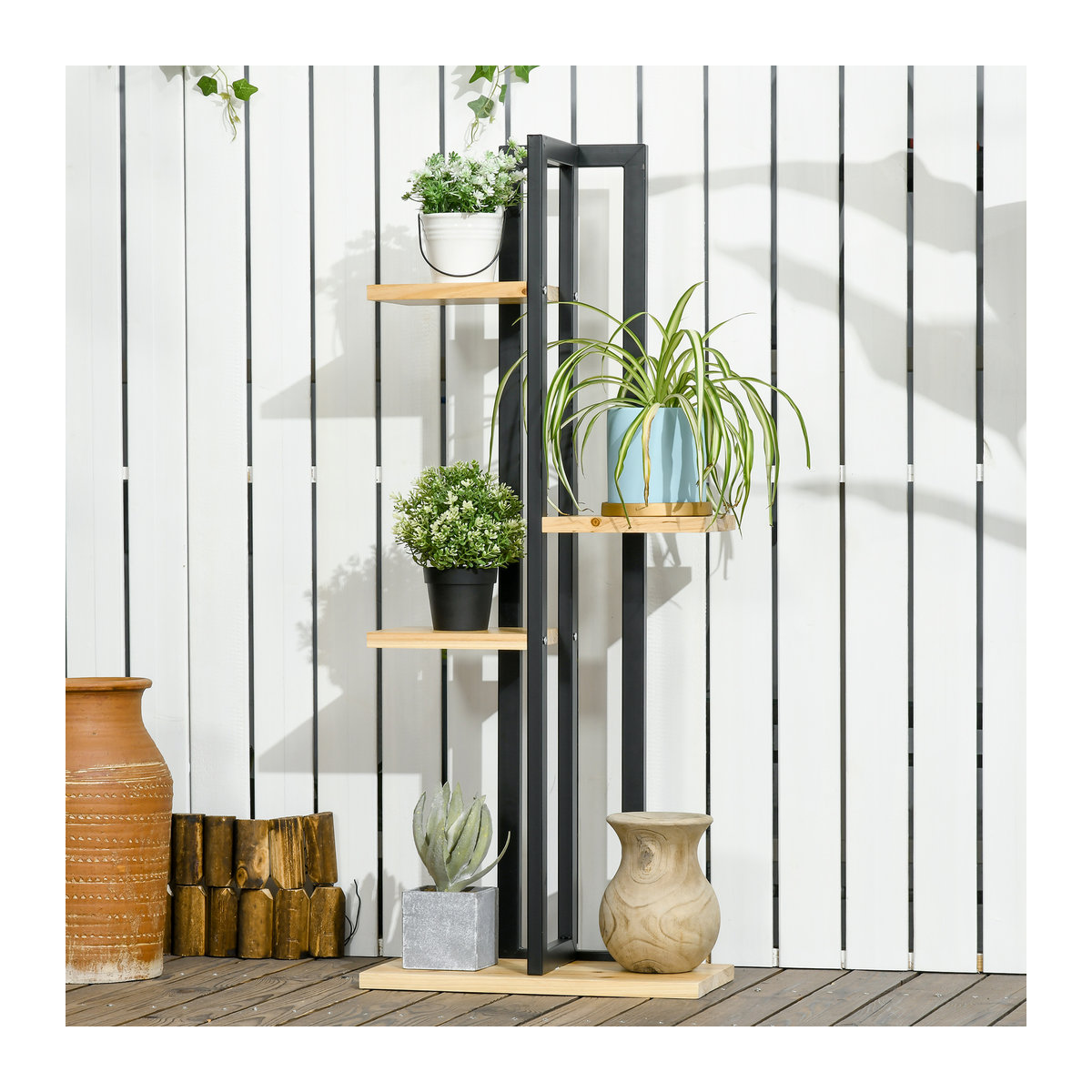 Outsunny 4-Etagen Pflanzenständer aus Holz und Metall in Schwarz/Natur, B/T/H: 25 x 45 x 110 cm - Bild 2